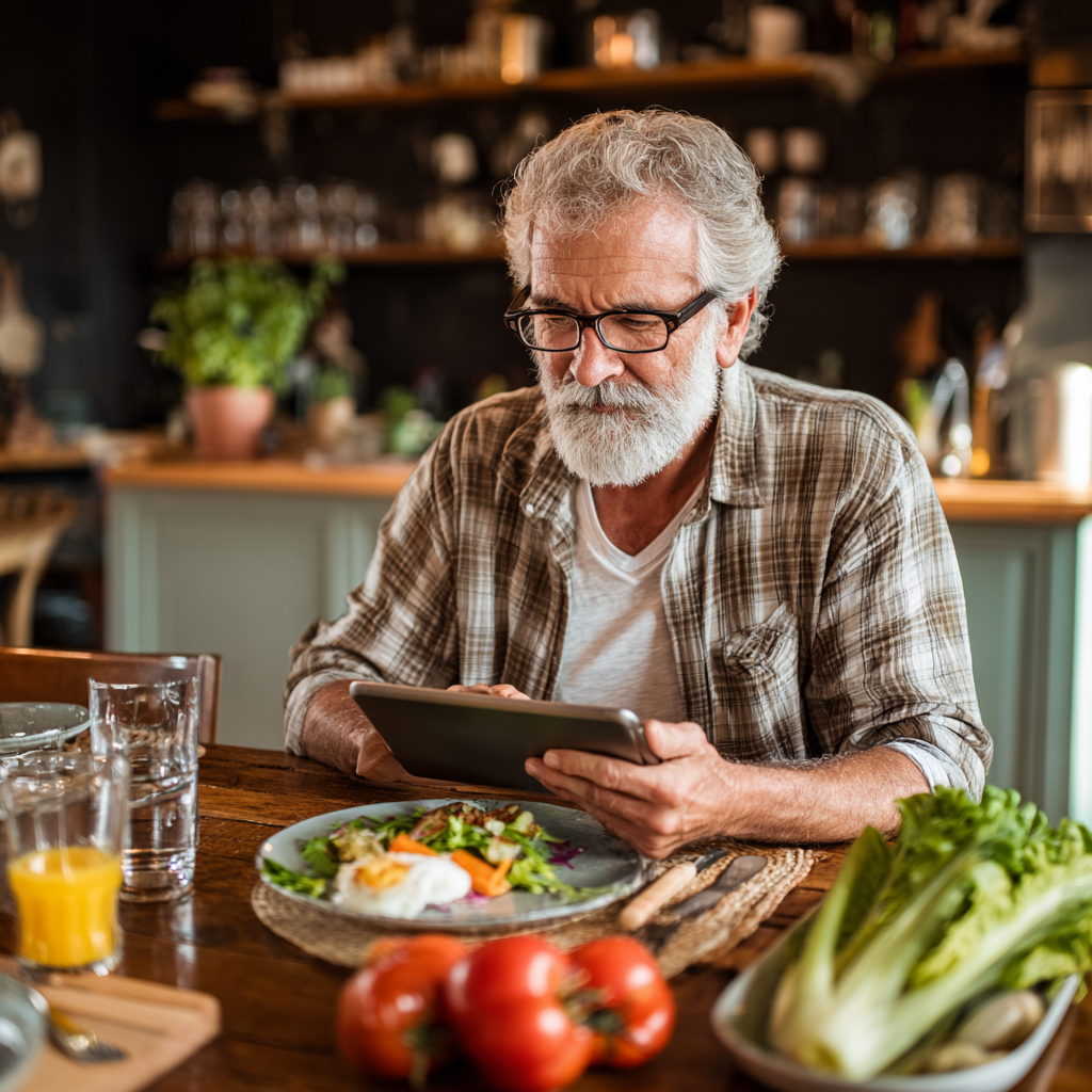 Senior man reviewing healthy meal plan on tablet while sitting at dining table
